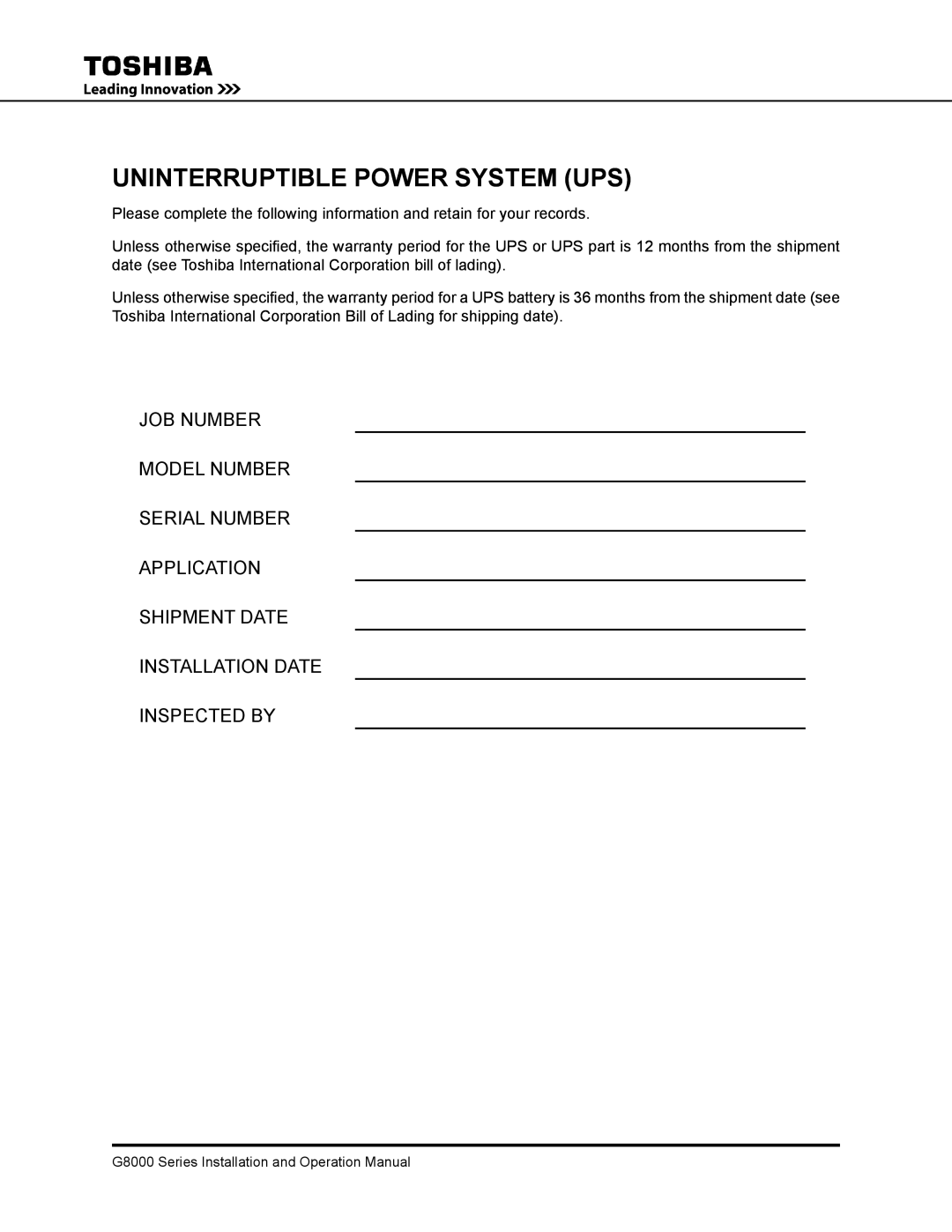 Toshiba 500 KW, 480 V, 225, 150, 300, 125, 100 operation manual Uninterruptible Power System UPS 