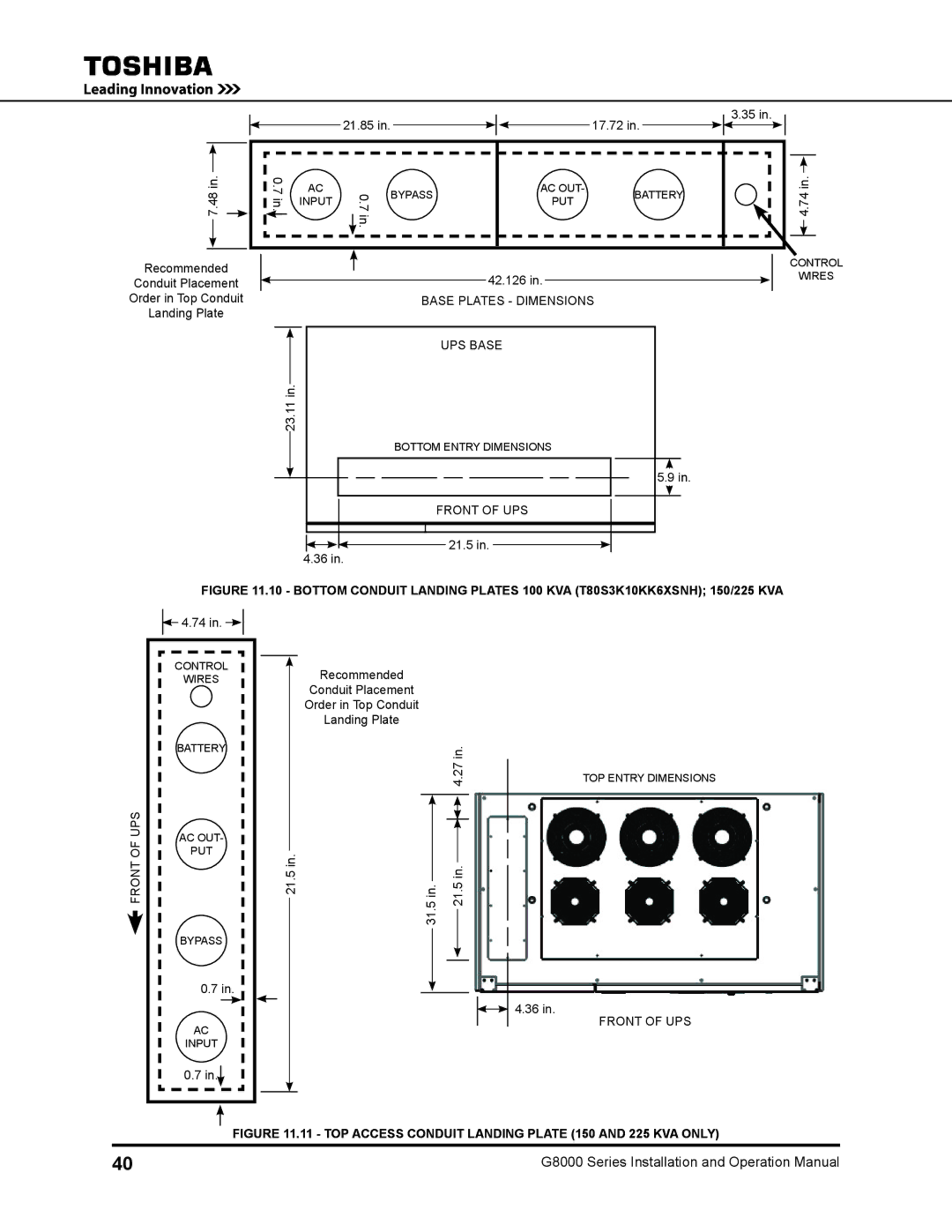 Toshiba 500 KW, 480 V, 300, 125, 100 operation manual TOP Access Conduit Landing Plate 150 and 225 KVA only 