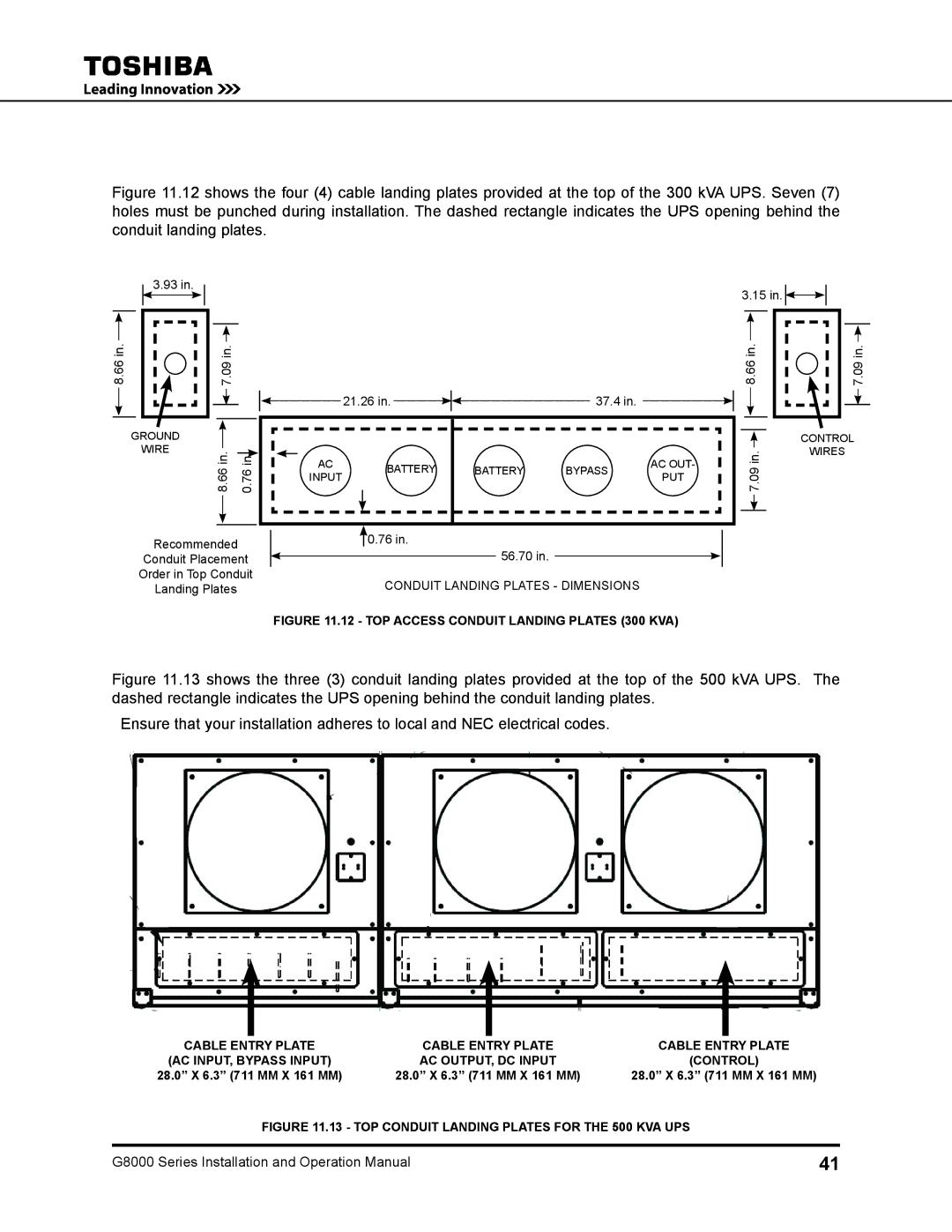 Toshiba 500 KW, 480 V, 225, 150, 125, 100 operation manual TOP Access Conduit Landing Plates 300 KVA 