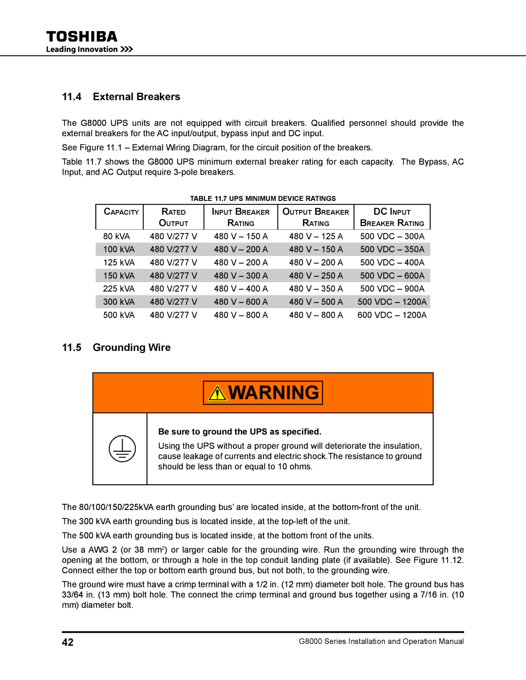 Toshiba 125, 500 KW, 480 V, 225, 150, 300 External Breakers, Grounding Wire, DC I nput, Be sure to ground the UPS as specified 