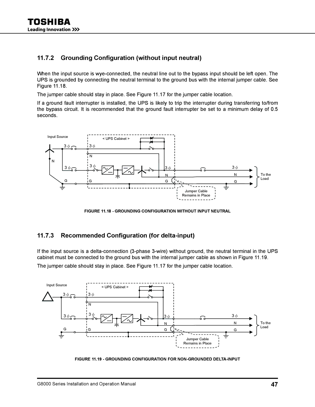 Toshiba 500 KW, 480 V, 225, 150 Grounding Configuration without input neutral, Recommended Configuration for delta-input 