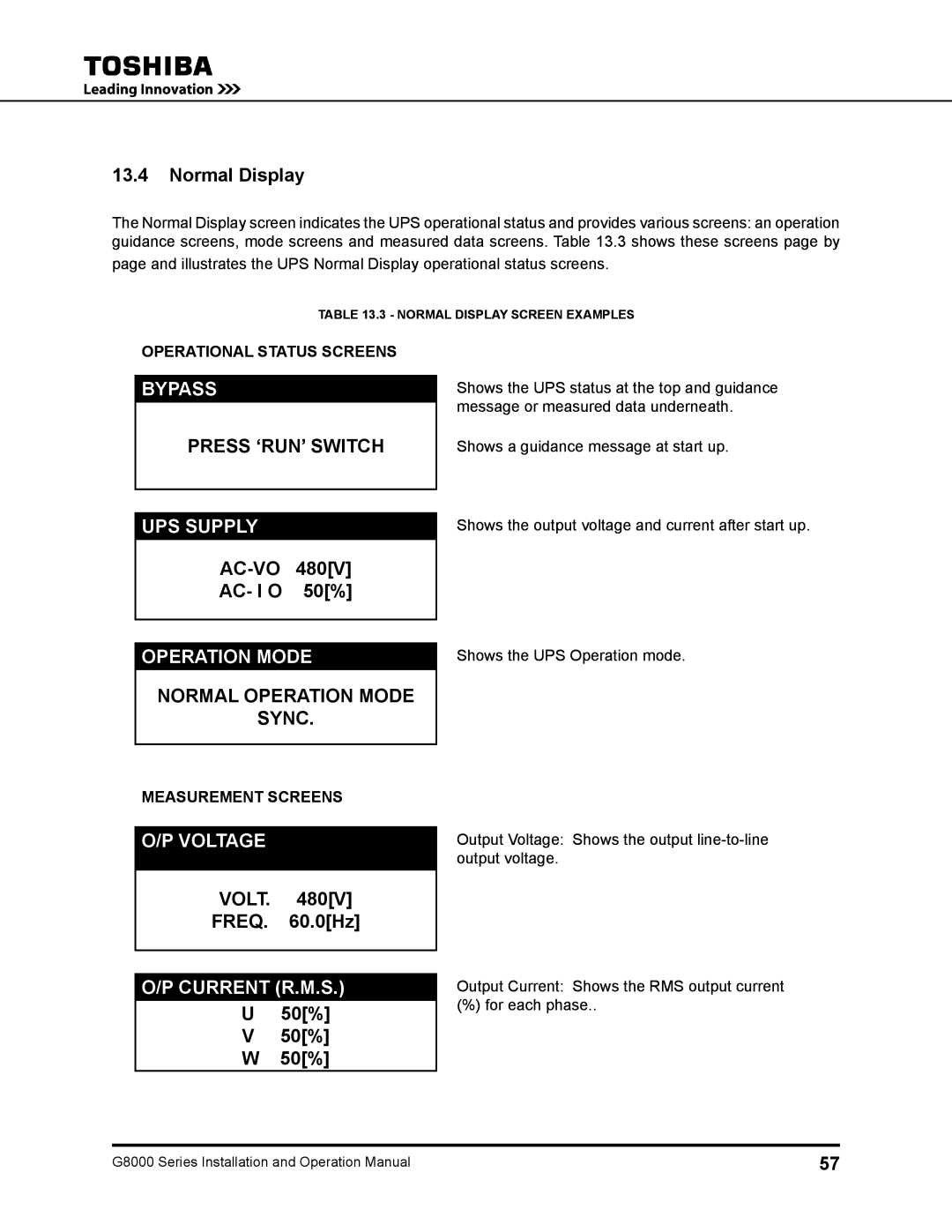 Toshiba 150, 500 KW, 480 V, 225, 300, 125, 100 operation manual Normal Display, AC-VO AC- I O 50%, Volt Freq .0Hz 