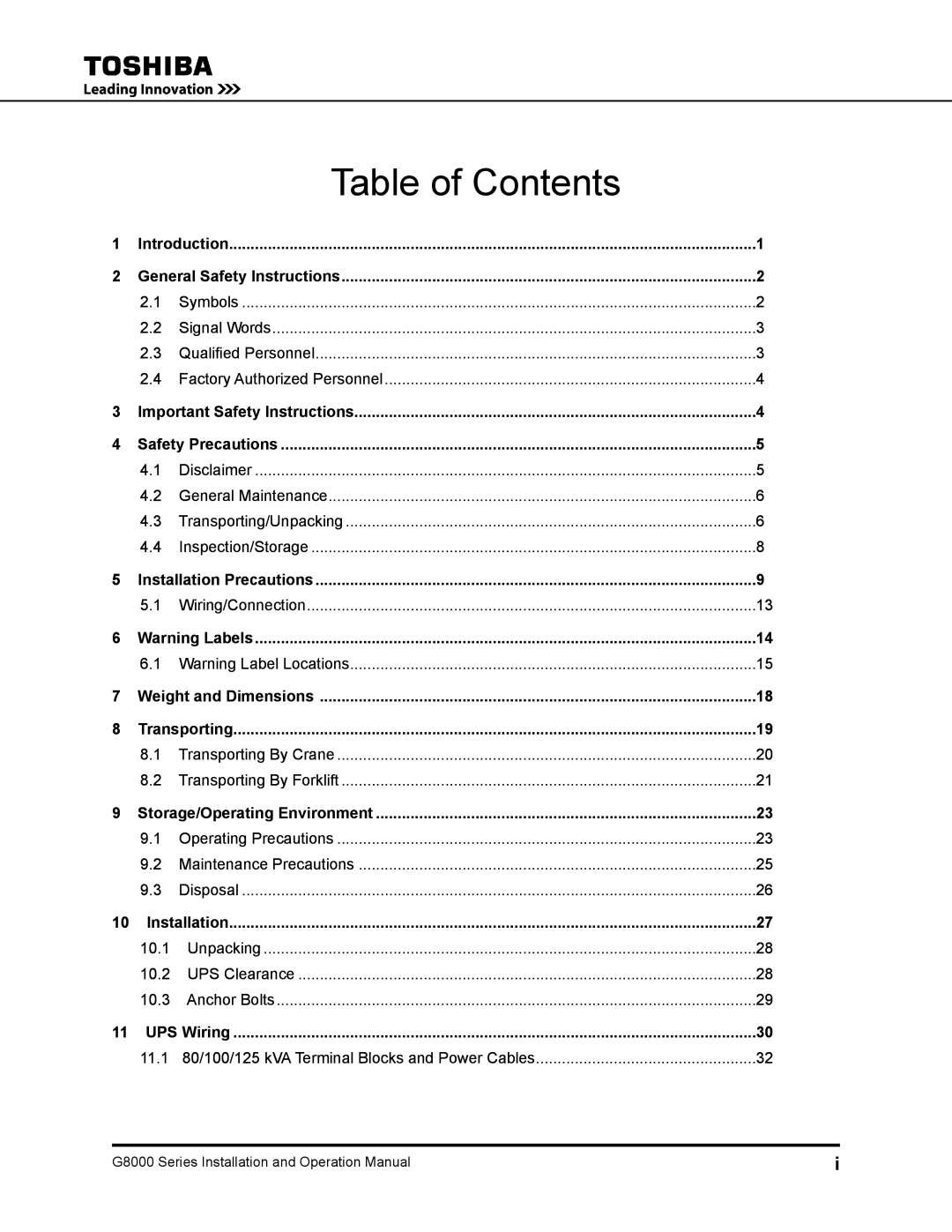 Toshiba 125, 500 KW, 480 V, 225, 150, 300, 100 operation manual Table of Contents 