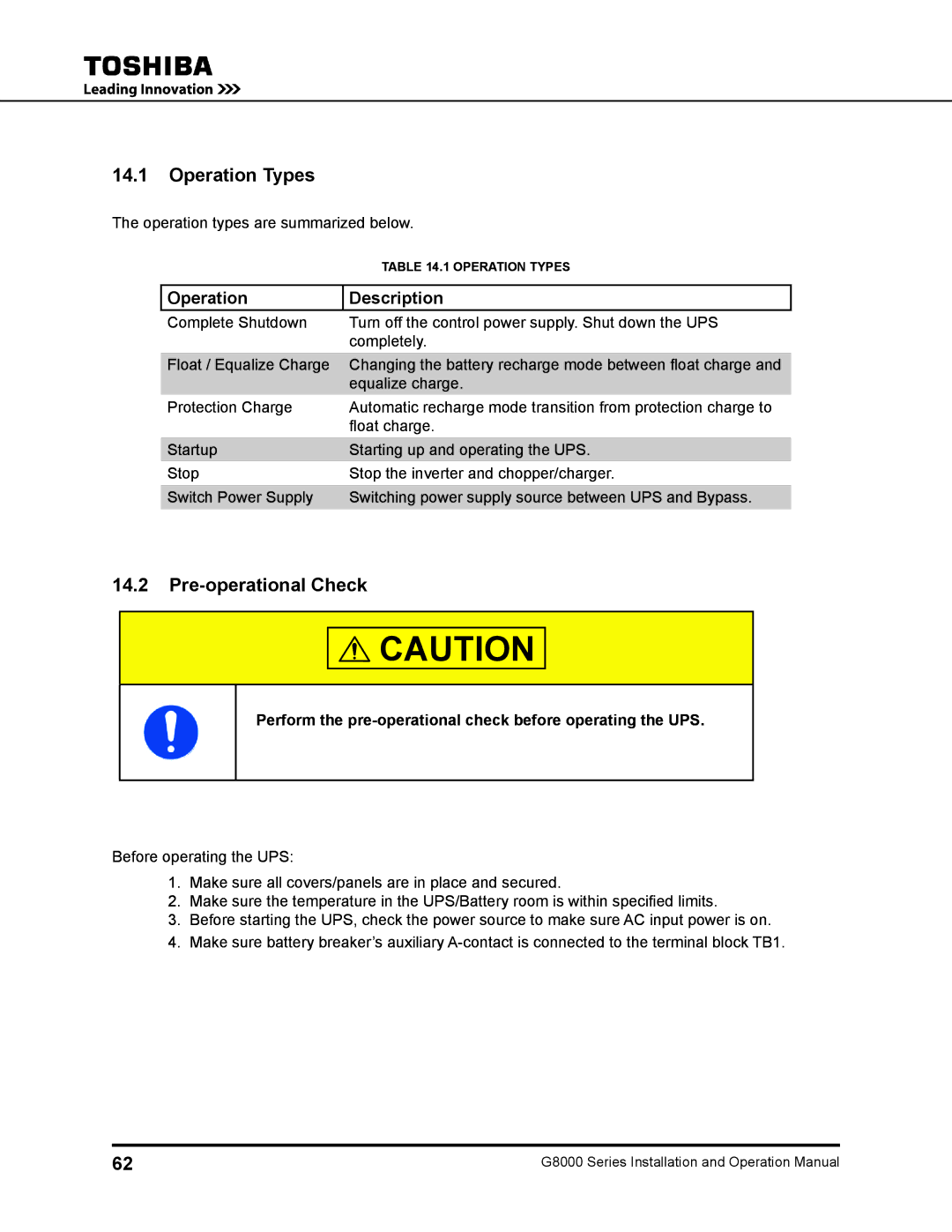 Toshiba 500 KW, 480 V, 225, 150, 300, 125, 100 operation manual Operation Types, Pre-operational Check, Operation Description 