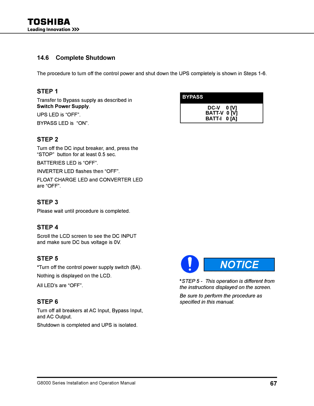 Toshiba 500 KW, 480 V, 225, 150, 300, 125, 100 operation manual Complete Shutdown, DC-V 0 BATT-V 0 BATT-I 0 a 