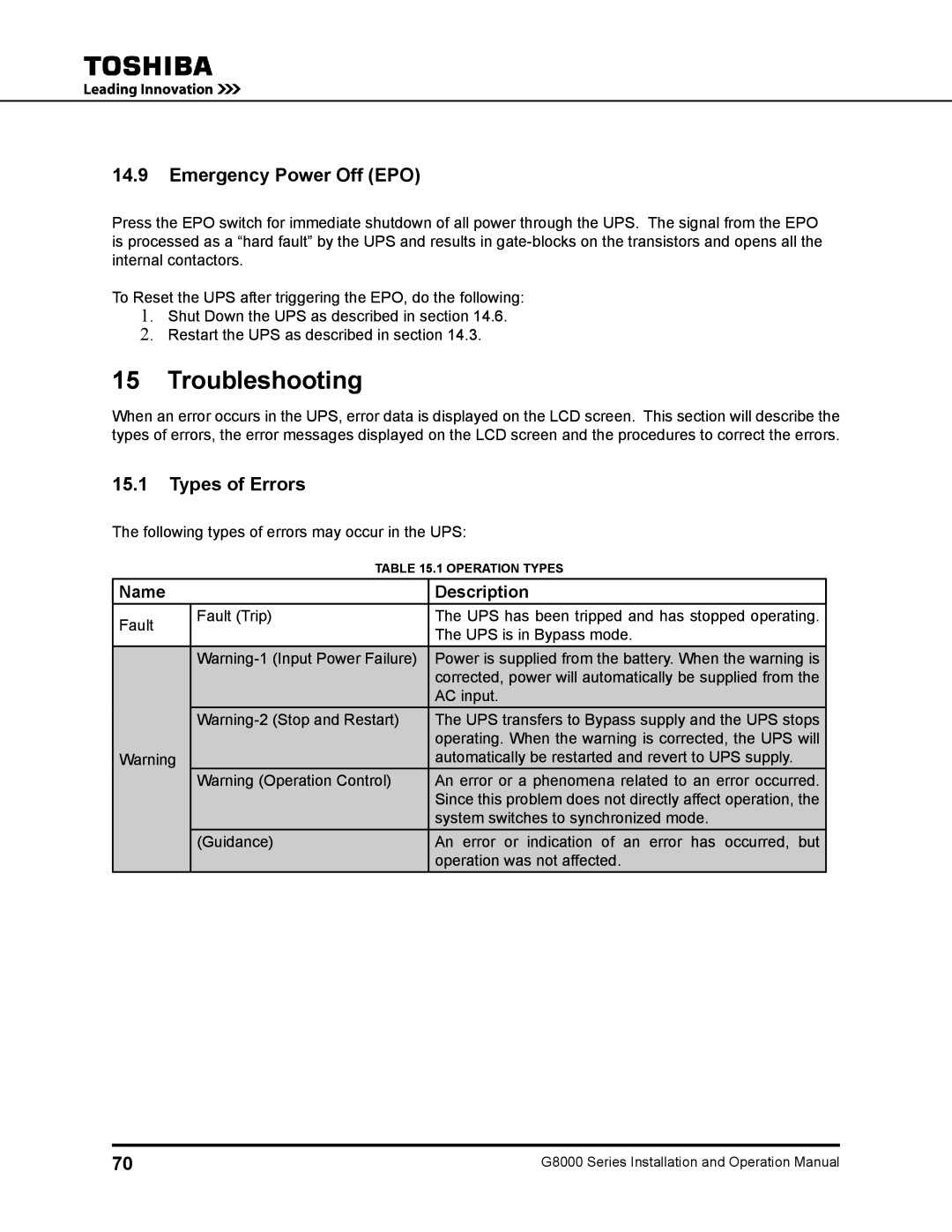 Toshiba 100, 500 KW, 480 V, 225, 150, 300, 125 operation manual Troubleshooting, Emergency Power Off EPO, Types of Errors 