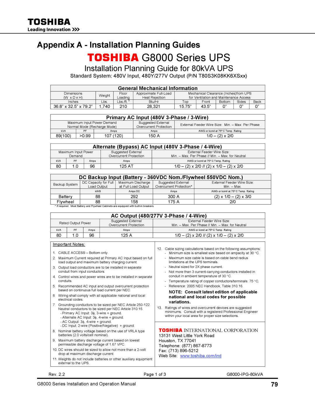 Toshiba 100, 500 KW, 480 V, 225, 150, 300, 125 Appendix a Installation Planning Guides, General Mechanical Information 