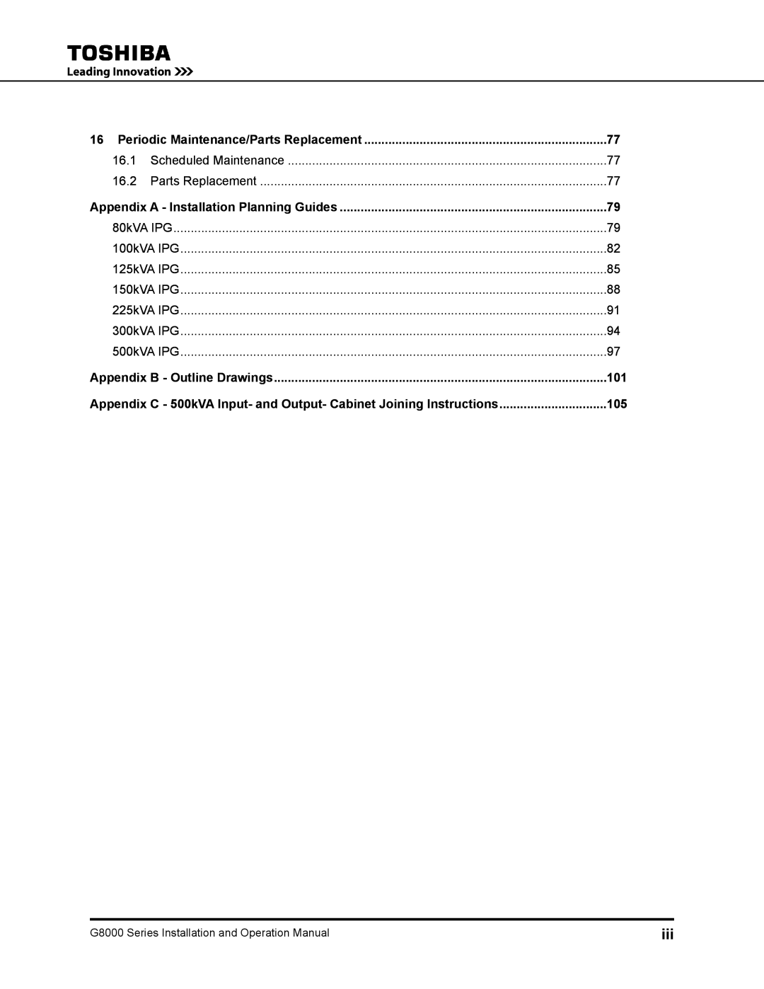 Toshiba 500 KW, 480 V, 225, 150, 300, 125, 100 operation manual Iii, 101, 105 