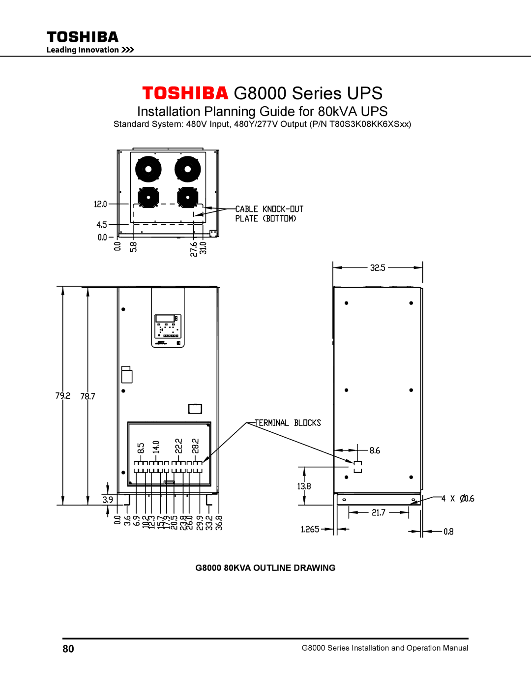 Toshiba 500 KW, 480 V, 225, 150, 300, 125, 100 operation manual G8000 80kVA UPS Cabling Connection Dimensions 