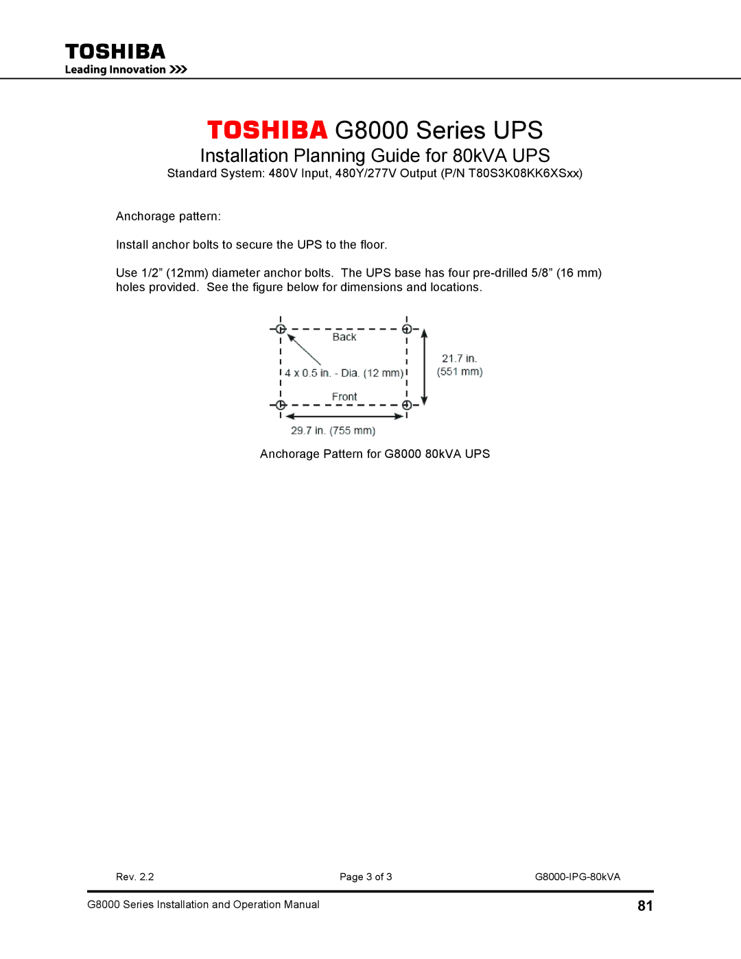 Toshiba 480 V, 500 KW, 225, 150, 300, 125, 100 operation manual Toshiba G8000 Series UPS 