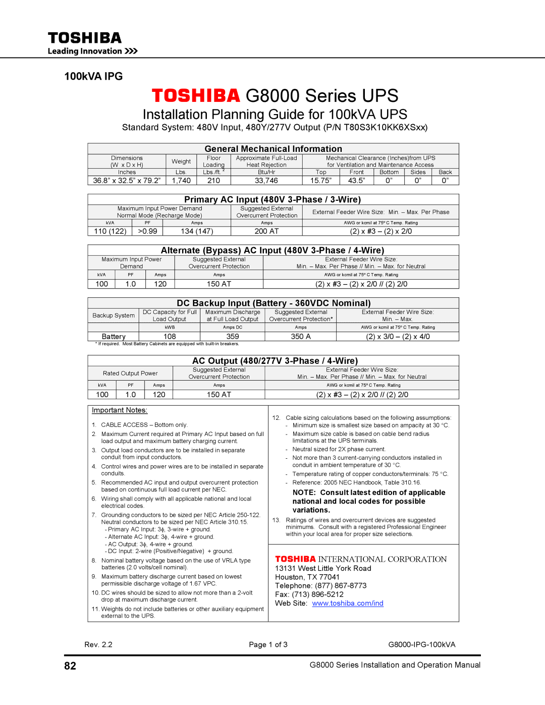 Toshiba 225, 500 KW, 480 V, 150, 300, 125 operation manual Installation Planning Guide for 100kVA UPS, 100kVA IPG 