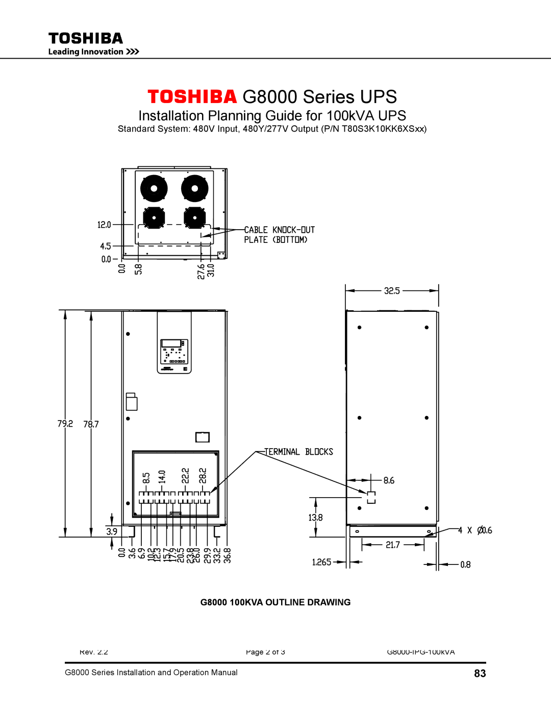 Toshiba 500 KW, 480 V, 225, 150, 300, 125 operation manual G8000 100KVA Outline Drawing 