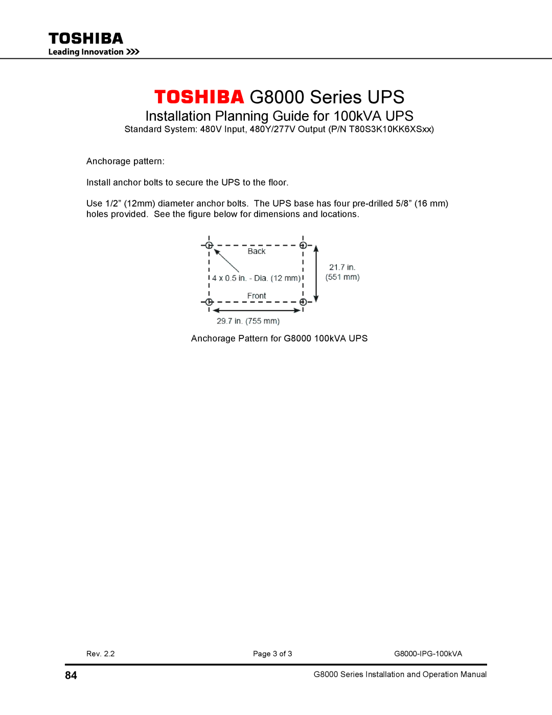 Toshiba 150, 500 KW, 480 V, 225, 300, 125, 100 operation manual Toshiba G8000 Series UPS 