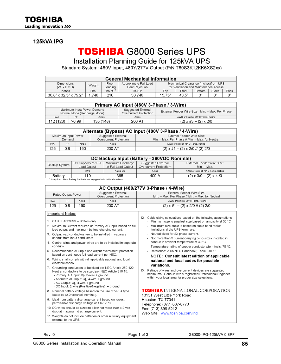 Toshiba 500 KW, 480 V, 225, 150, 300, 100 operation manual Installation Planning Guide for 125kVA UPS, 125kVA IPG 