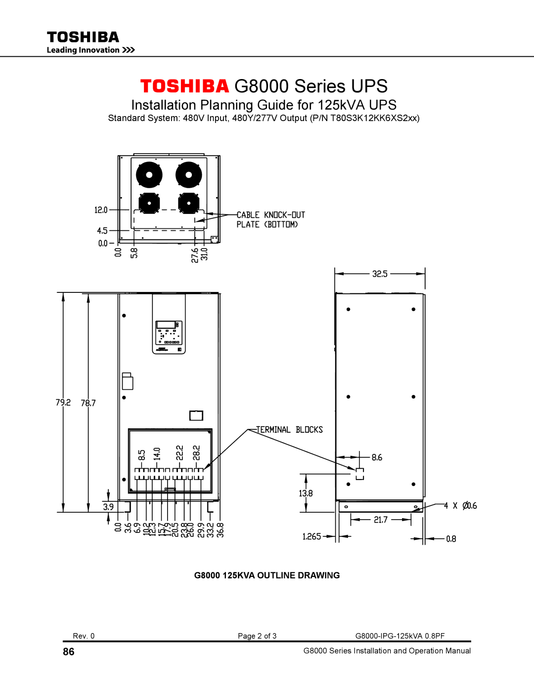 Toshiba 300, 500 KW, 480 V, 225, 150, 125, 100 operation manual Toshiba G8000 Series UPS 