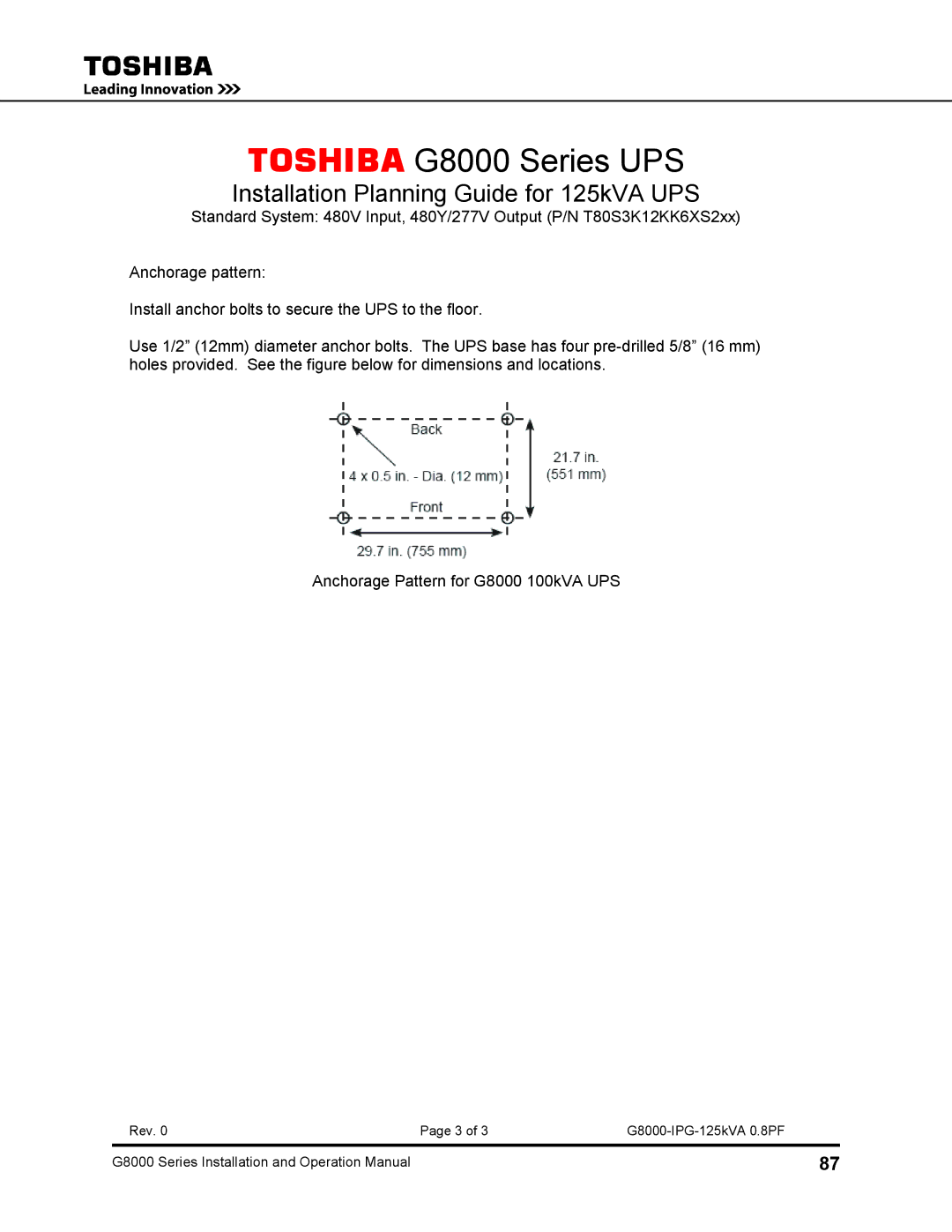 Toshiba 125, 500 KW, 480 V, 225, 150, 300, 100 operation manual Toshiba G8000 Series UPS 