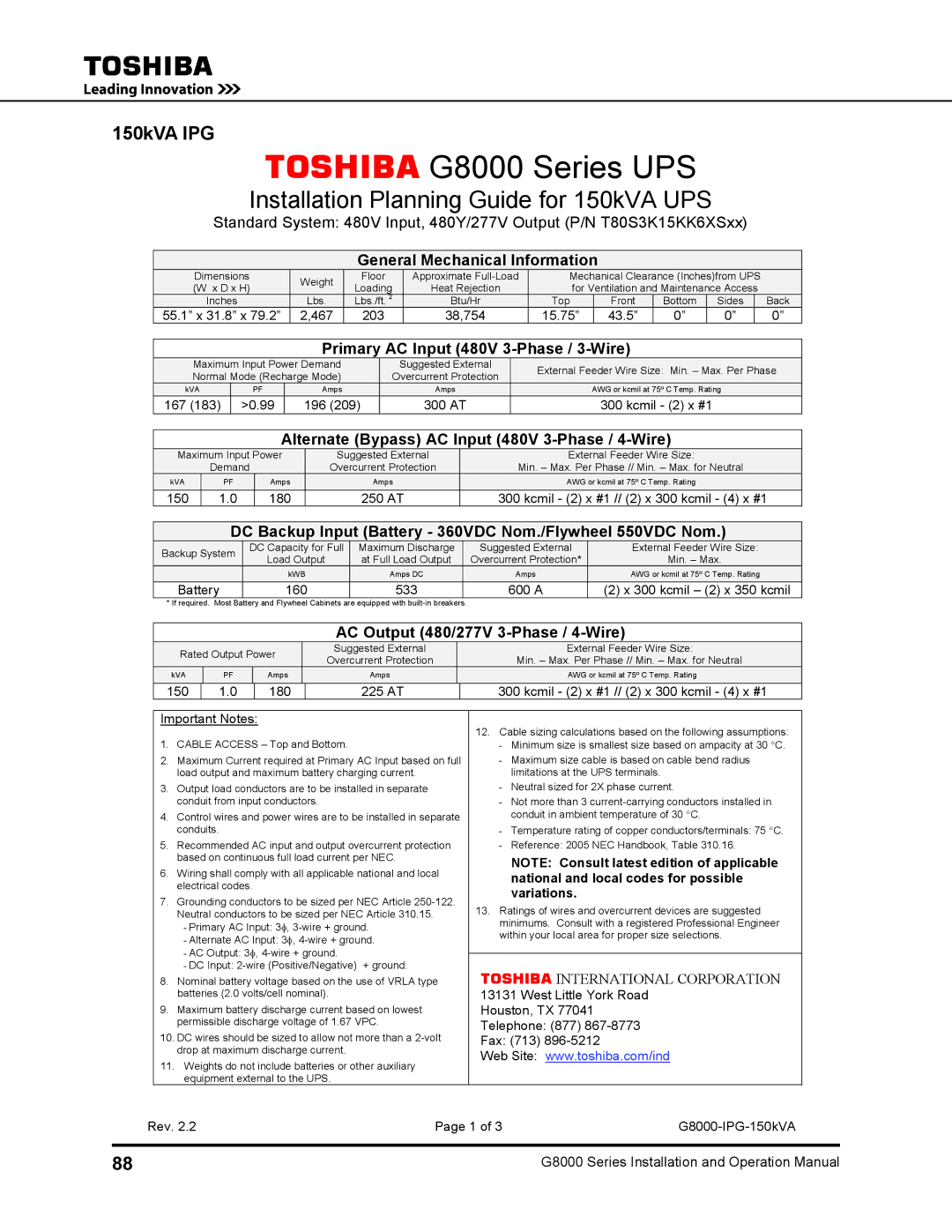 Toshiba 100, 500 KW, 480 V, 225, 300, 125 operation manual Installation Planning Guide for 150kVA UPS, 150kVA IPG 