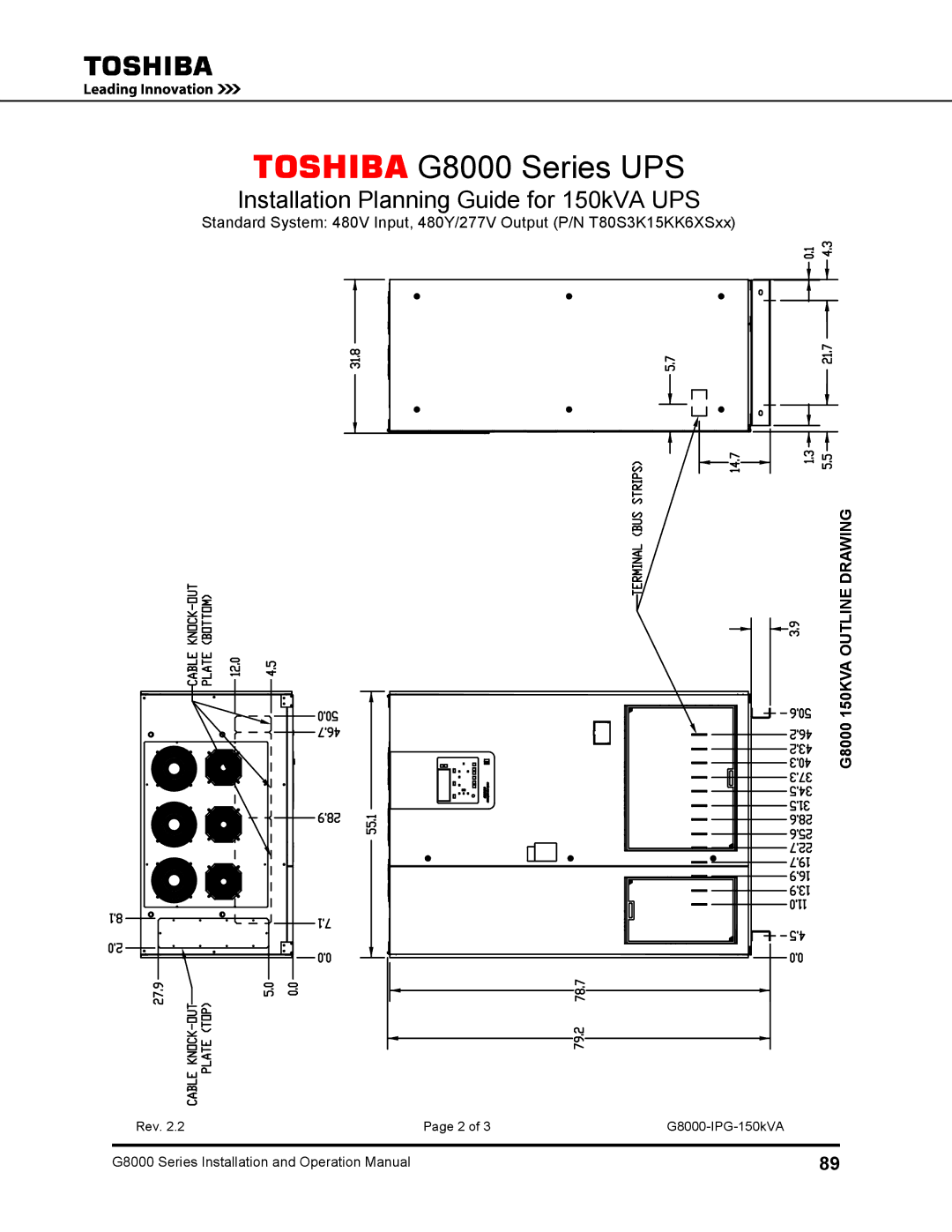 Toshiba 500 KW, 480 V, 225, 150, 300, 125, 100 operation manual Front 