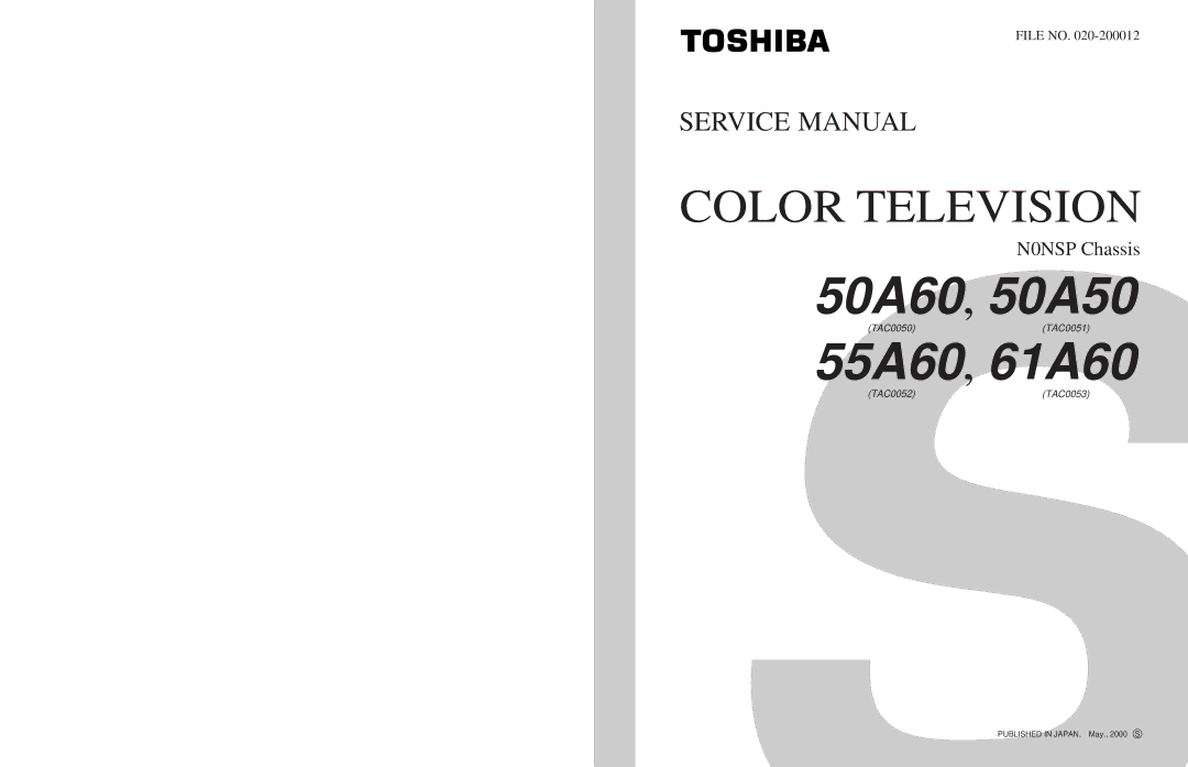 Toshiba 50A50 55A60 service manual 50A60, 50A50 