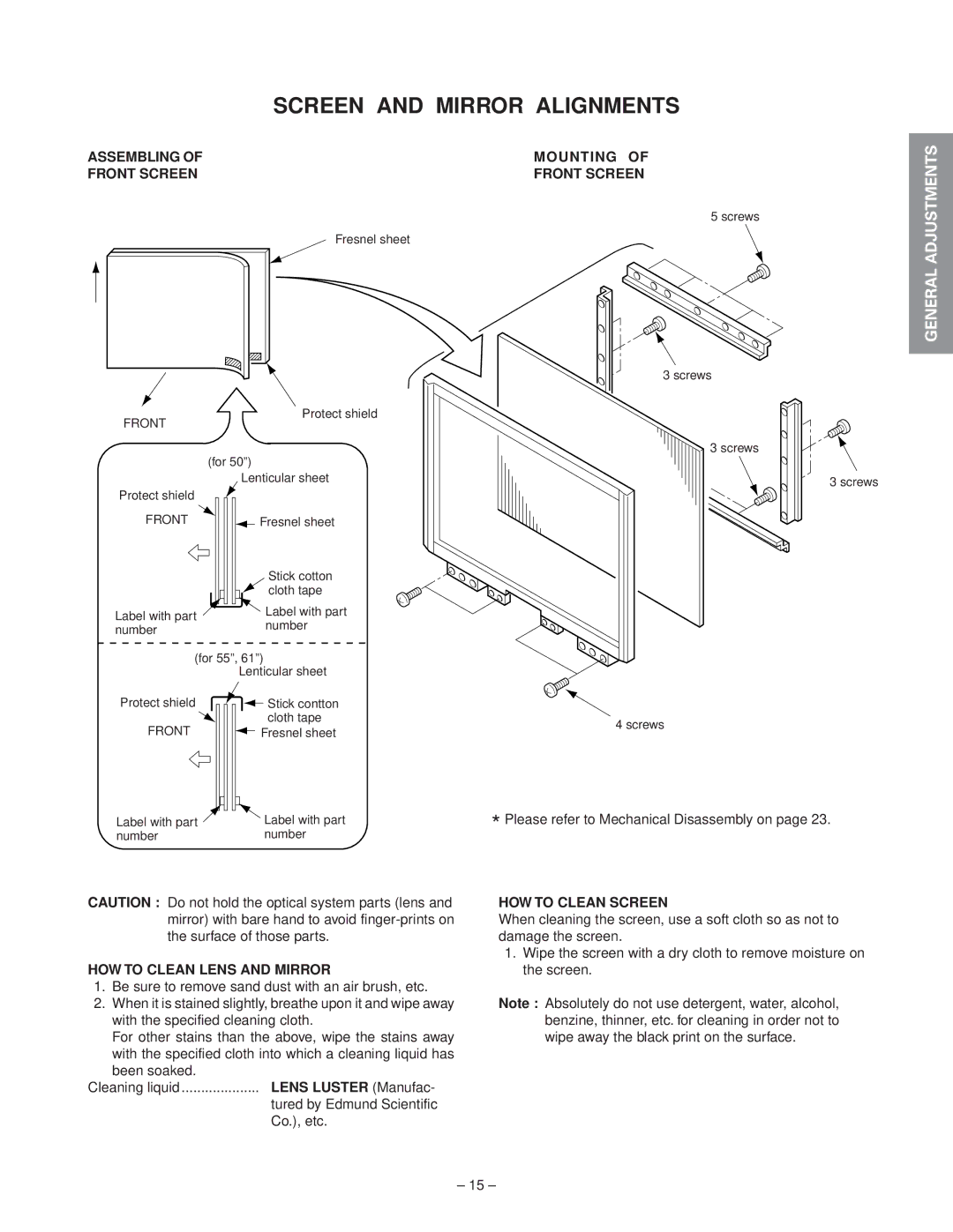 Toshiba 50A50 55A60, 50A60 Screen and Mirror Alignments, Assembling Front Screen, HOW to Clean Lens and Mirror 