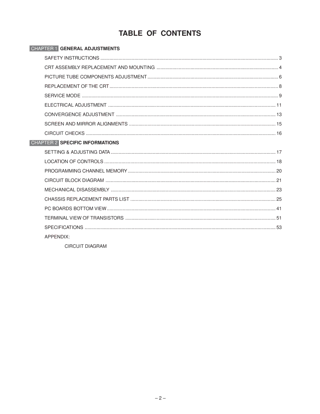 Toshiba 50A60, 50A50 55A60 service manual Table of Contents 