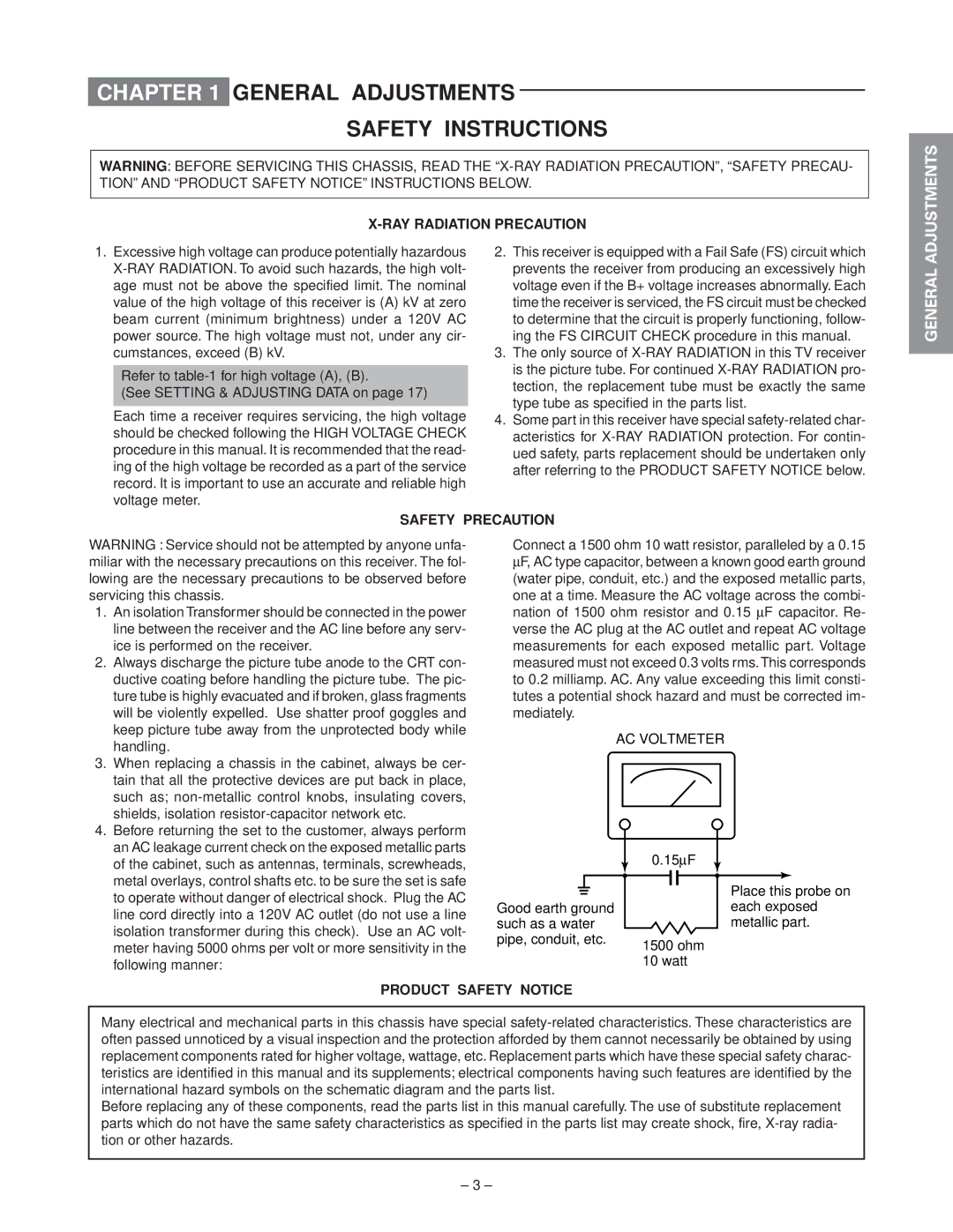 Toshiba 50A50 55A60 General Adjustments Safety Instructions, RAY Radiation Precaution, Safety Precaution, AC Voltmeter 