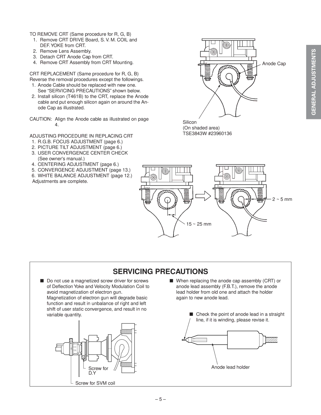 Toshiba 50A50 55A60, 50A60 service manual Servicing Precautions, Adjusting Procedure in Replacing CRT 