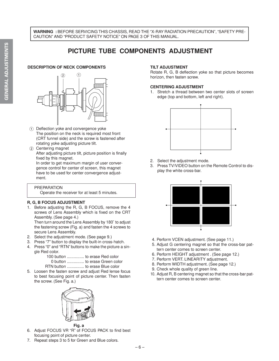 Toshiba 50A60 Picture Tube Components Adjustment, Description of Neck Components, B Focus Adjustment, Tilt Adjustment 