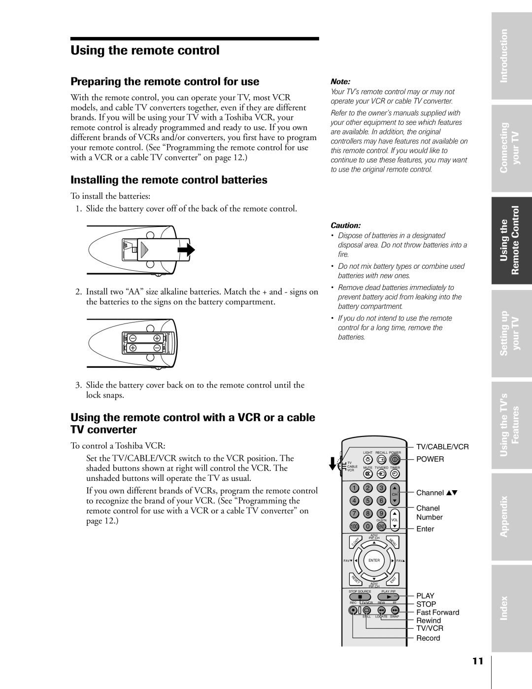 Toshiba 55A60A Using the remote control, Preparing the remote control for use, Installing the remote control batteries 