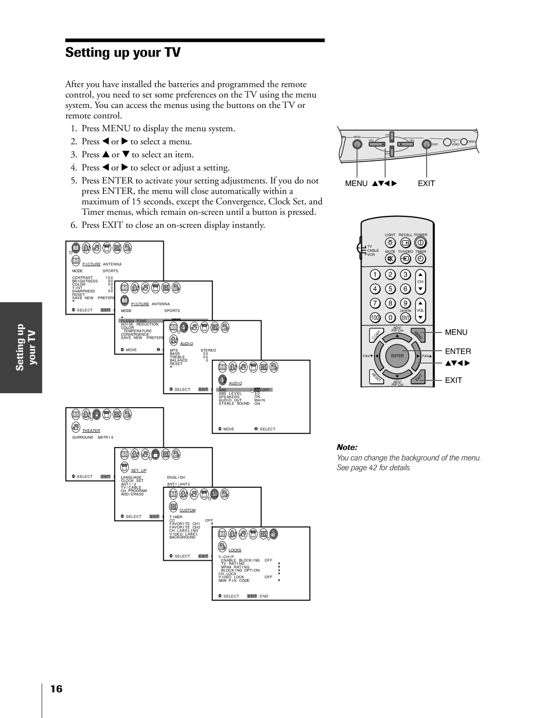 Toshiba 50A60A, 61A60R, 55A60R, 55A60A owner manual Setting up your TV, Press Exit to close an on-screen display instantly 