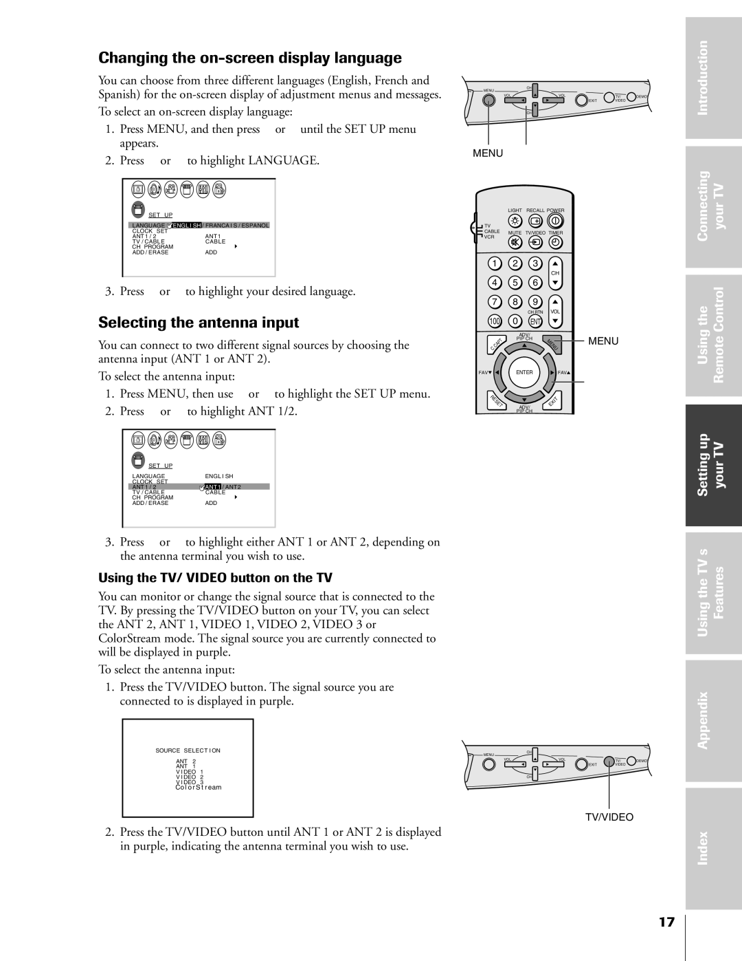 Toshiba 61A60R Changing the on-screen display language, Selecting the antenna input, Using the TV/ Video button on the TV 