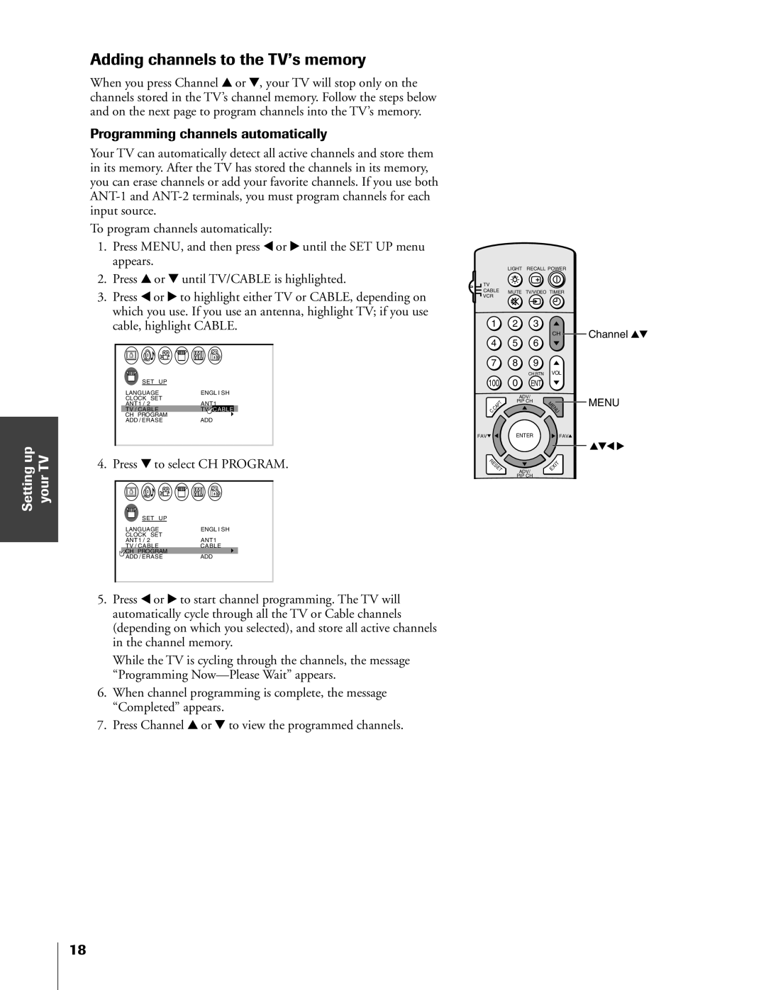 Toshiba 55A60R Adding channels to the TV’s memory, Programming channels automatically, Press z to select CH Program 