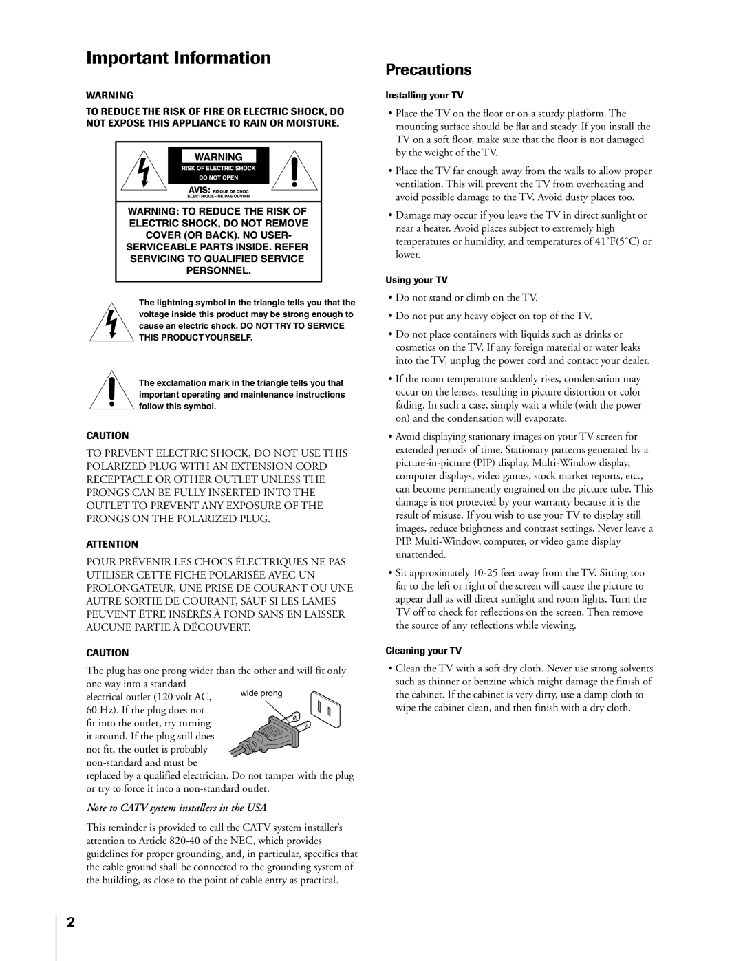 Toshiba 55A60R, 50A60A, 61A60R, 55A60A owner manual Important Information, Precautions 