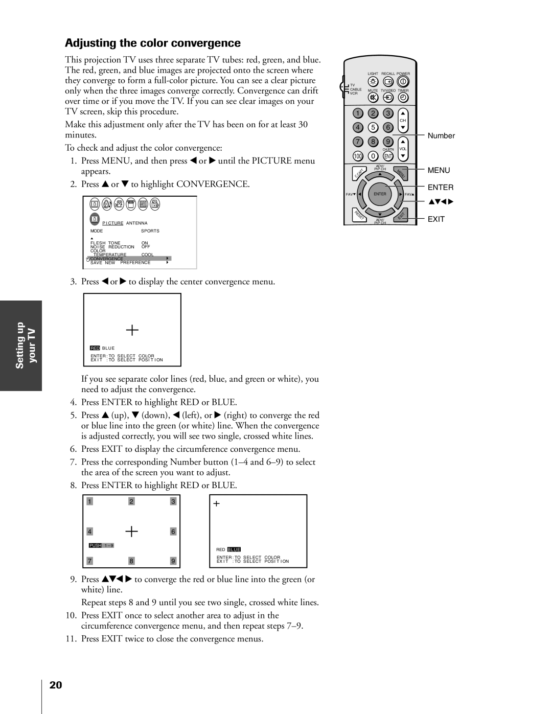 Toshiba 50A60A, 61A60R, 55A60R, 55A60A Adjusting the color convergence, Press x or to display the center convergence menu 