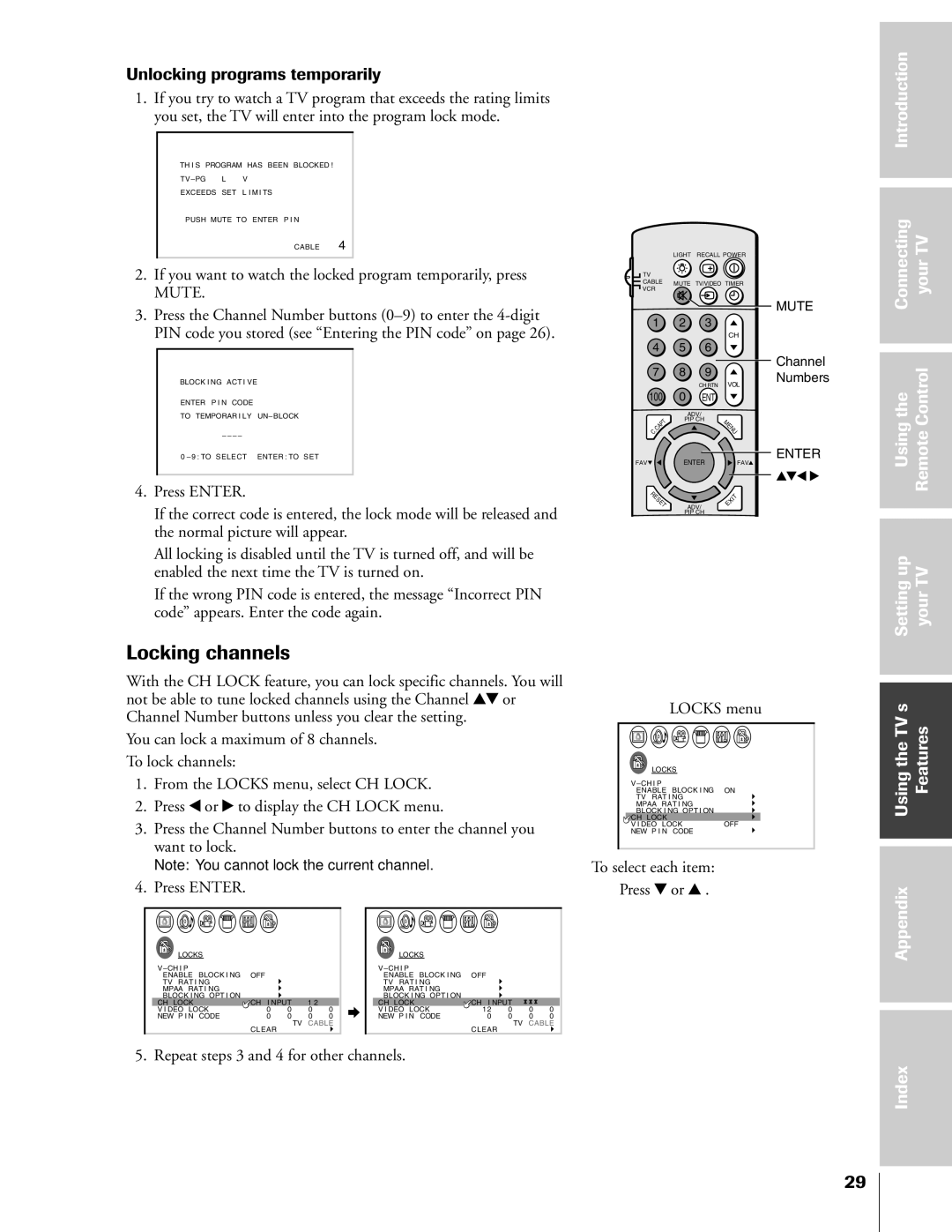 Toshiba 61A60R Locking channels, Unlocking programs temporarily, Repeat steps 3 and 4 for other channels Locks menu 