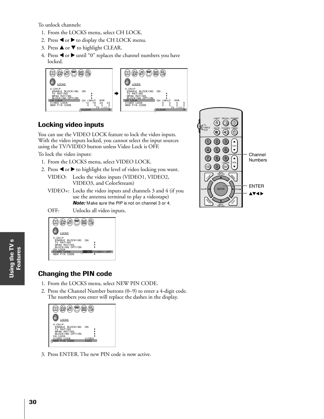 Toshiba 55A60R, 50A60A, 61A60R, 55A60A Locking video inputs, Changing the PIN code, From the Locks menu, select NEW PIN Code 