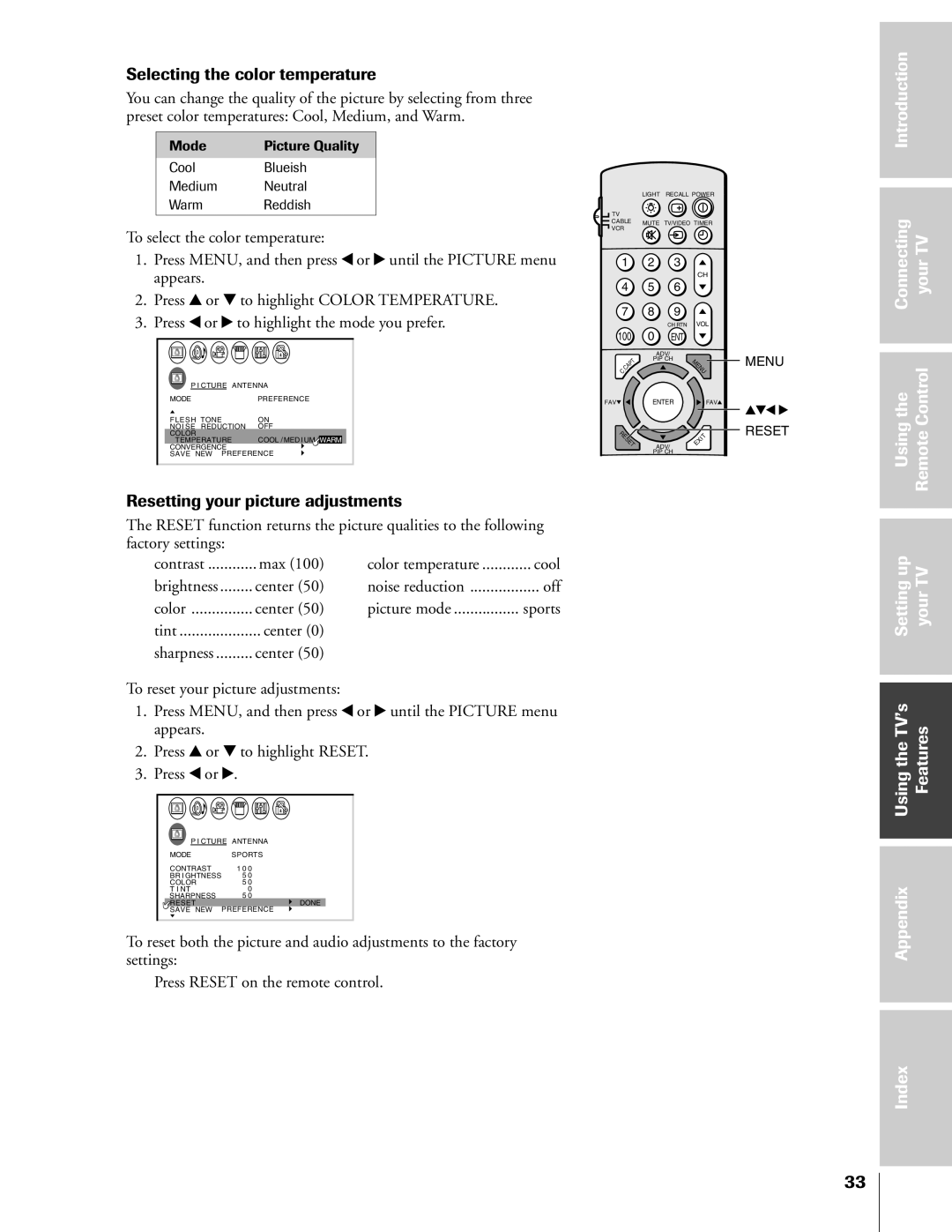 Toshiba 61A60R, 50A60A, 55A60R, 55A60A owner manual Selecting the color temperature, Resetting your picture adjustments 