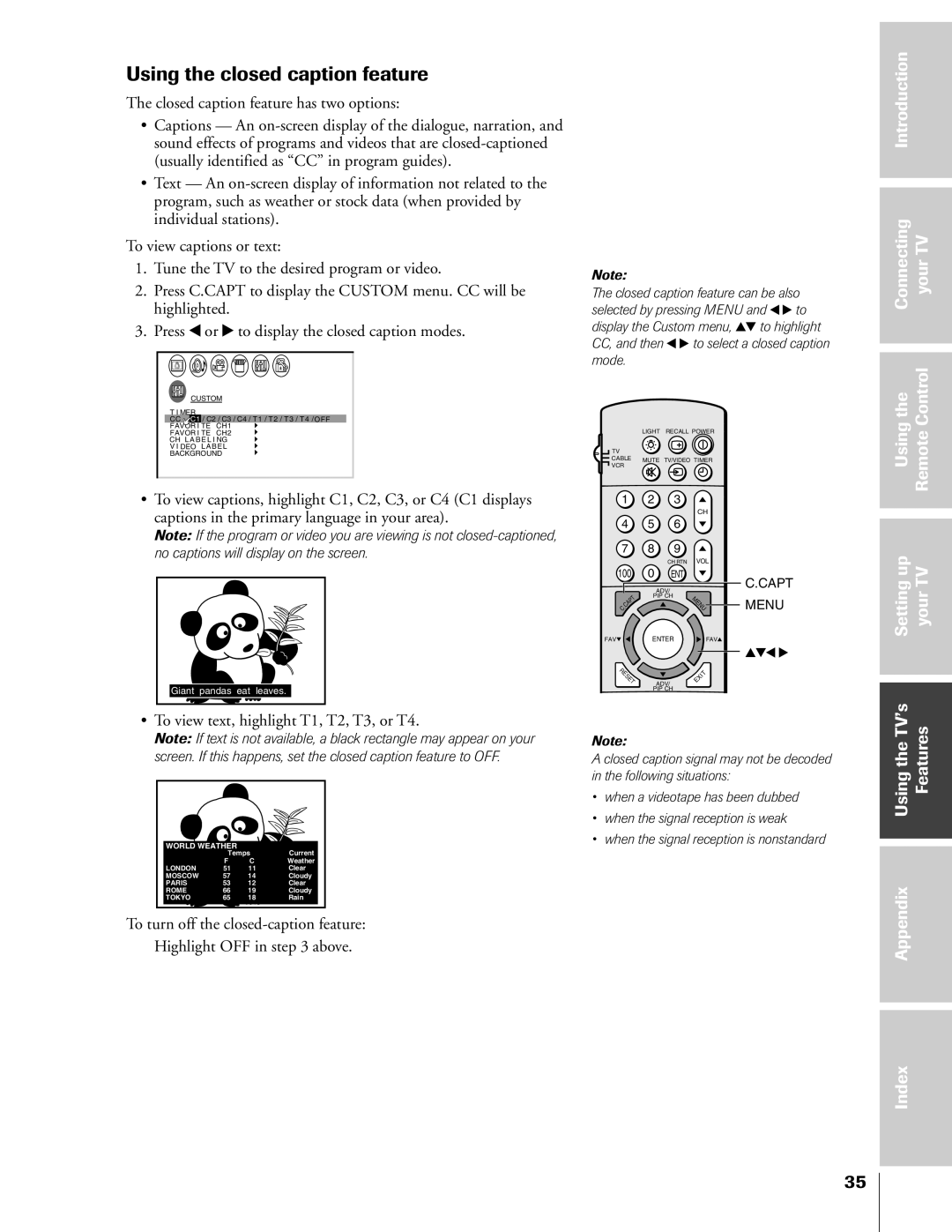 Toshiba 55A60A, 50A60A, 61A60R, 55A60R owner manual Using the closed caption feature, Closed caption feature has two options 