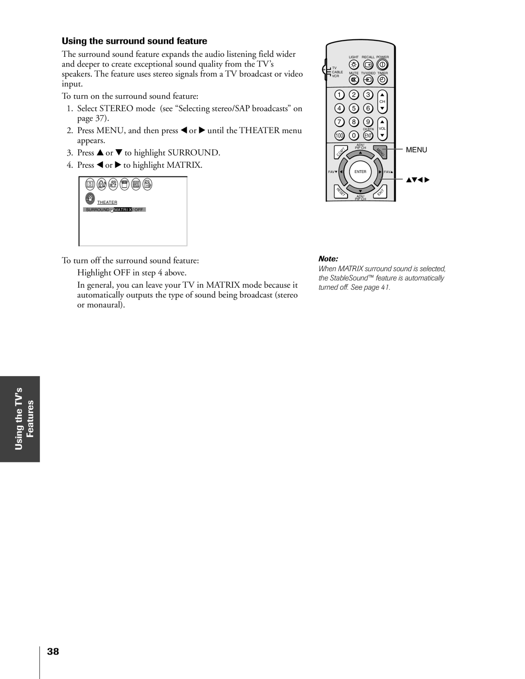 Toshiba 55A60R, 50A60A, 61A60R, 55A60A owner manual Using the surround sound feature 