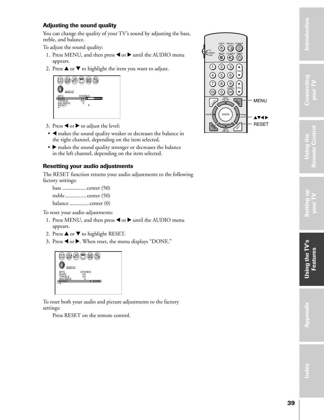 Toshiba 55A60A, 50A60A, 61A60R, 55A60R owner manual Adjusting the sound quality, Resetting your audio adjustments 