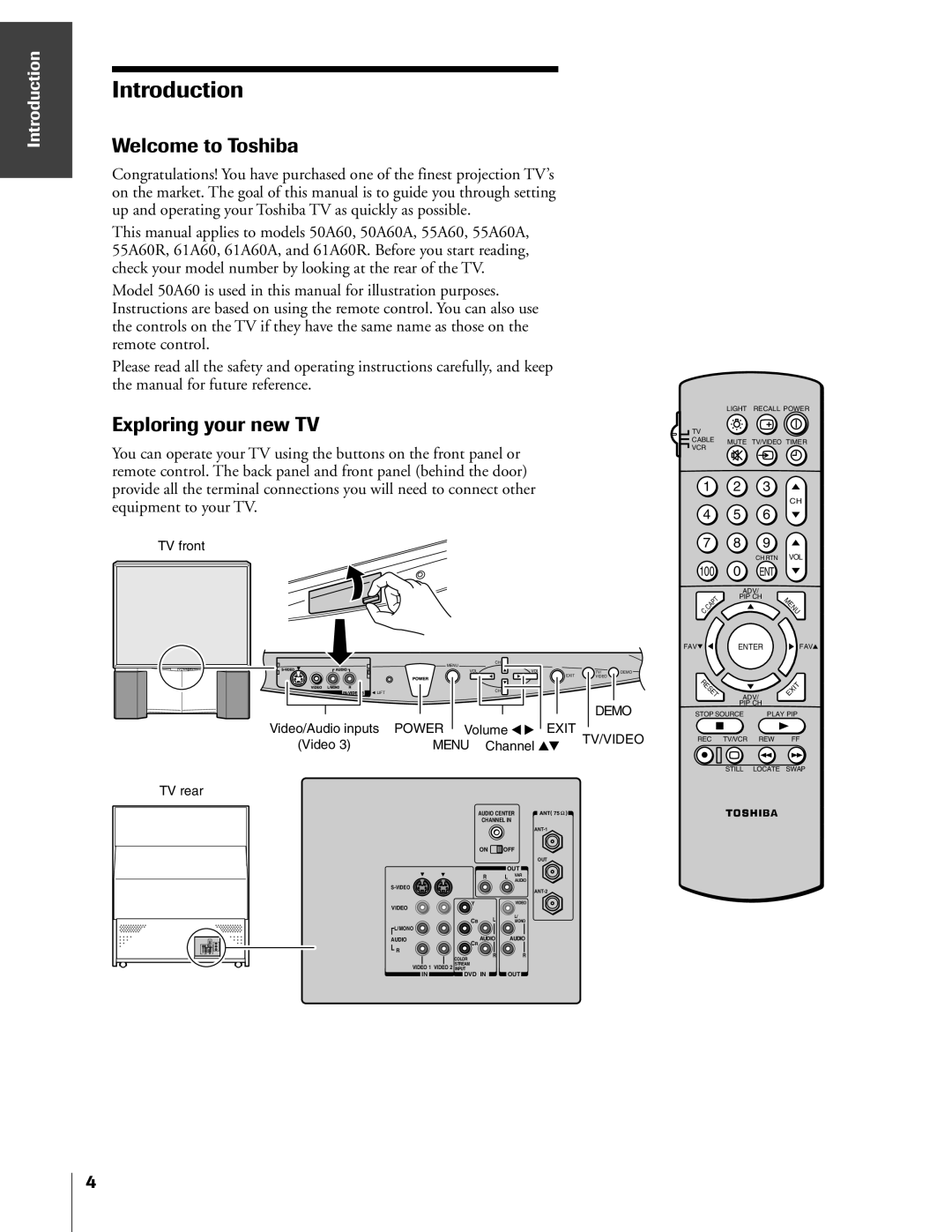 Toshiba 50A60A, 61A60R, 55A60R, 55A60A owner manual Introduction, Welcome to Toshiba, Exploring your new TV 