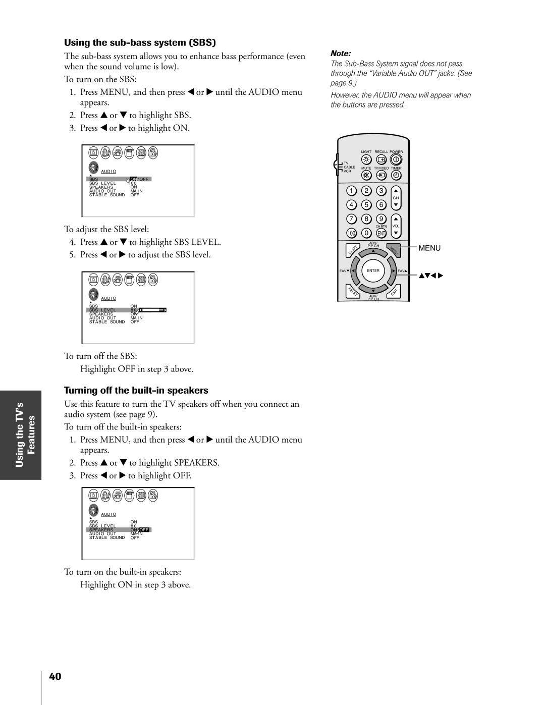 Toshiba 50A60A, 61A60R, 55A60R, 55A60A owner manual Using the sub-bass system SBS, Turning off the built-in speakers 