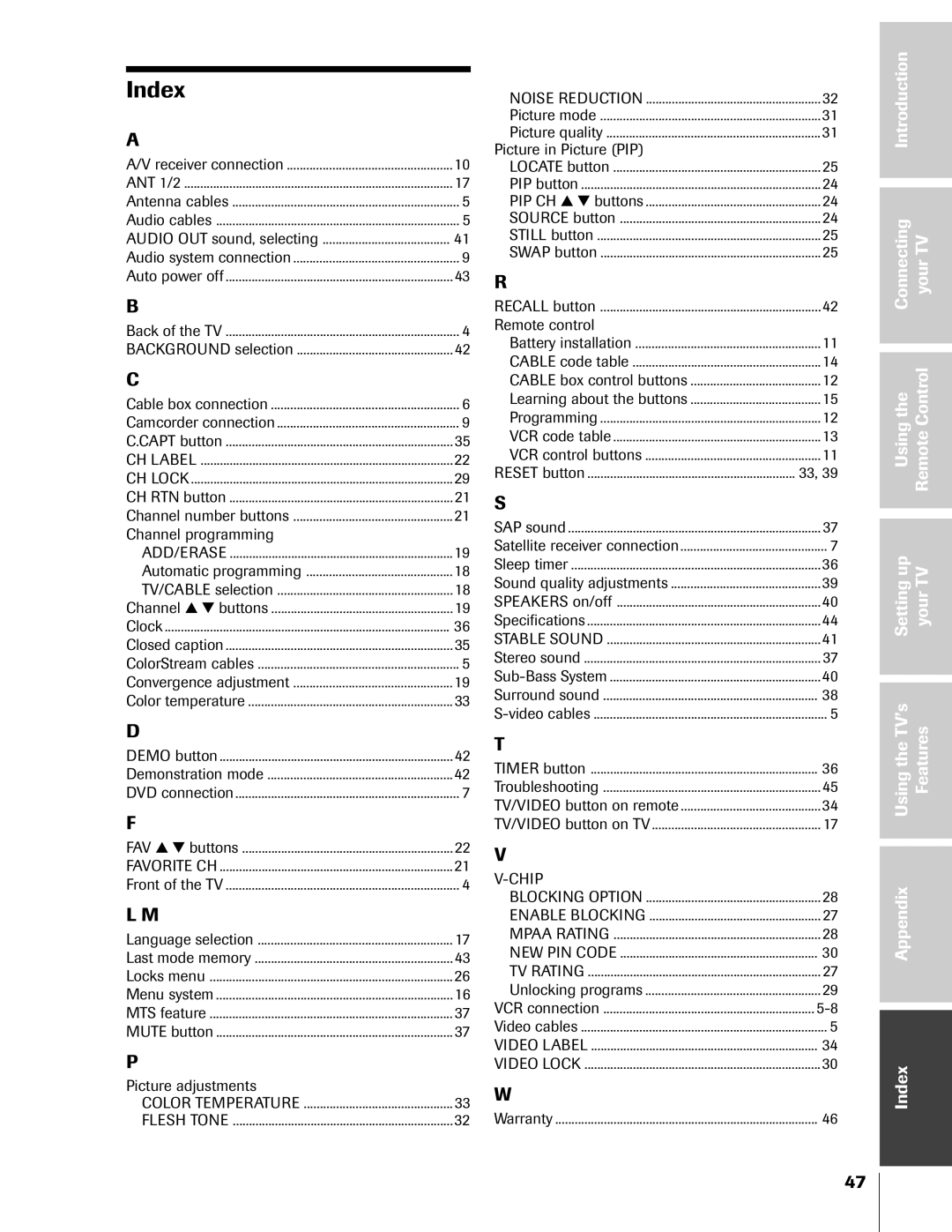 Toshiba 55A60A, 50A60A, 61A60R, 55A60R owner manual Index, Audio OUT sound, selecting 