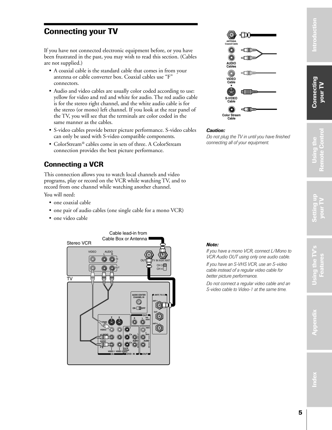 Toshiba 61A60R, 50A60A, 55A60R, 55A60A owner manual Connecting your TV, Connecting a VCR 