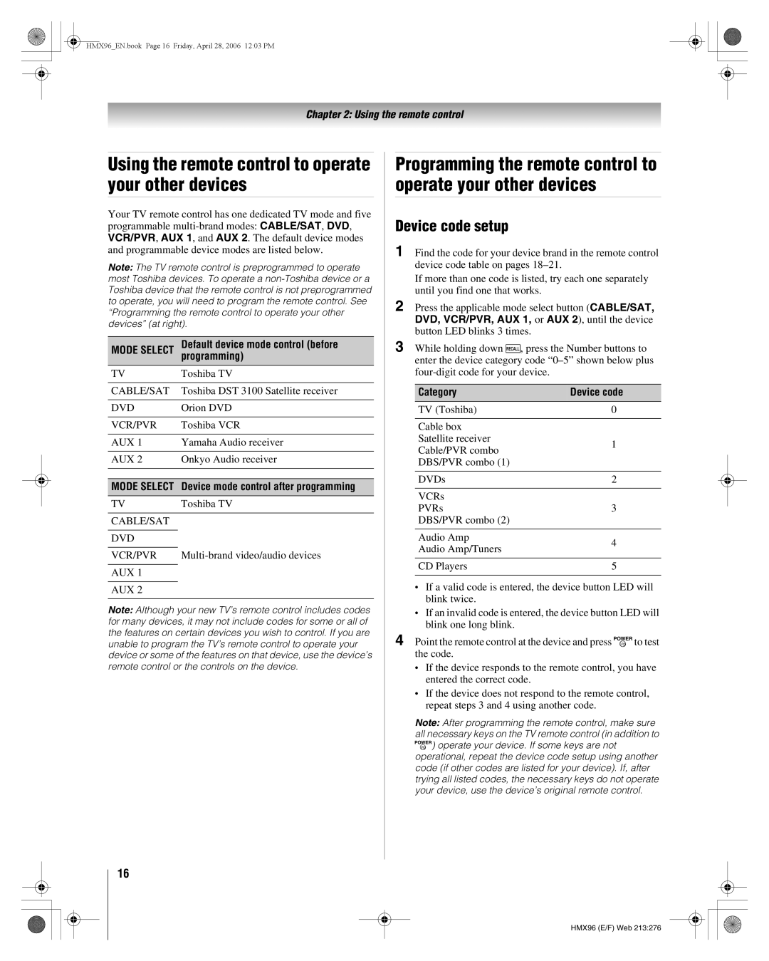 Toshiba 50HMX96, 56HMX96 Using the remote control to operate your other devices, Device code setup, Category Device code 