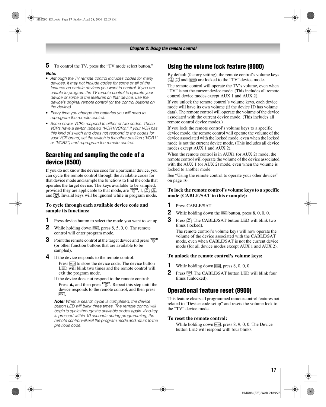 Toshiba 56HMX96 Searching and sampling the code of a device, Using the volume lock feature, Operational feature reset 