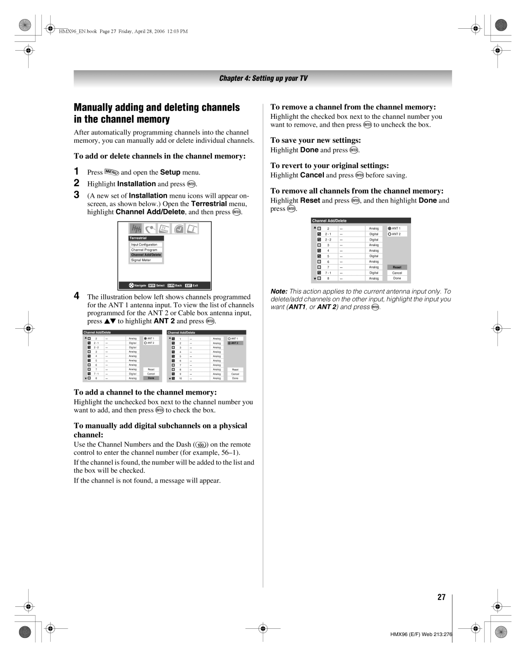 Toshiba 56HMX96, 50HMX96 manual Manually adding and deleting channels in the channel memory 