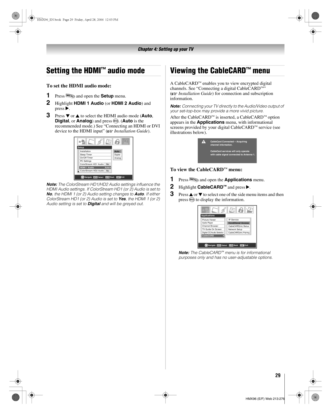 Toshiba 56HMX96, 50HMX96 manual Setting the Hdmi audio mode, Viewing the CableCARD menu, To set the Hdmi audio mode 