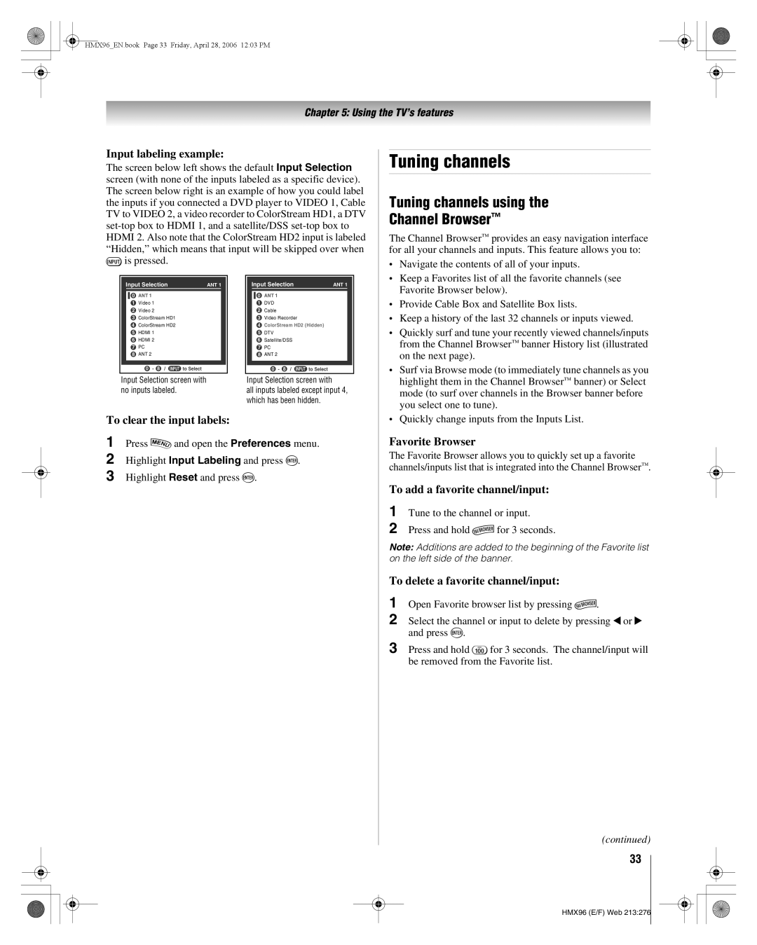 Toshiba 56HMX96, 50HMX96 manual Tuning channels using Channel Browser 