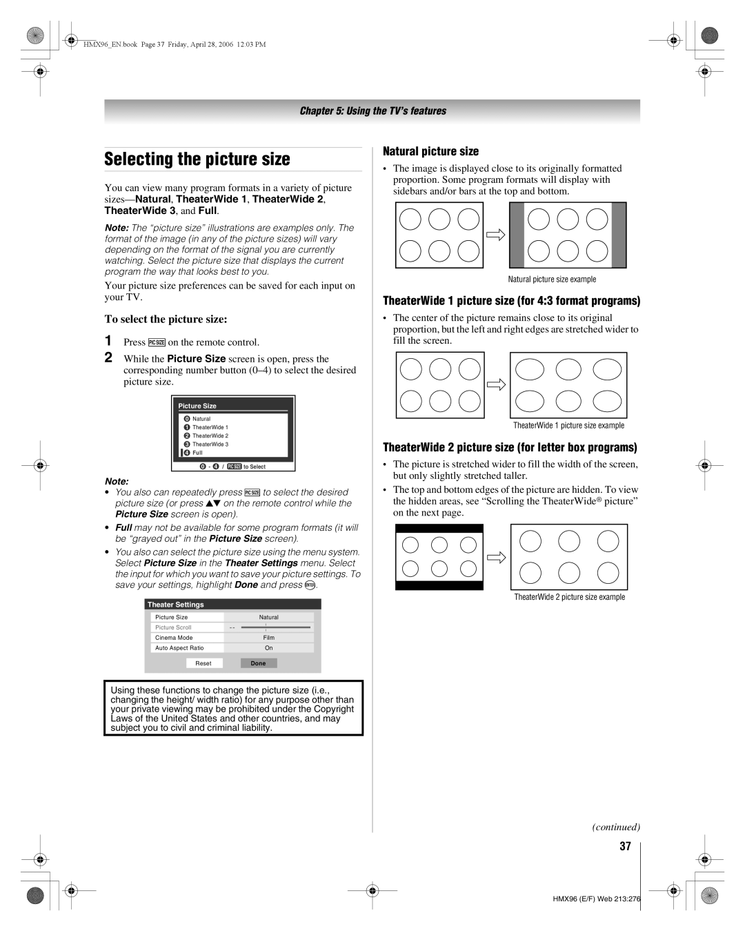 Toshiba 56HMX96, 50HMX96 manual Selecting the picture size, To select the picture size, Natural picture size 